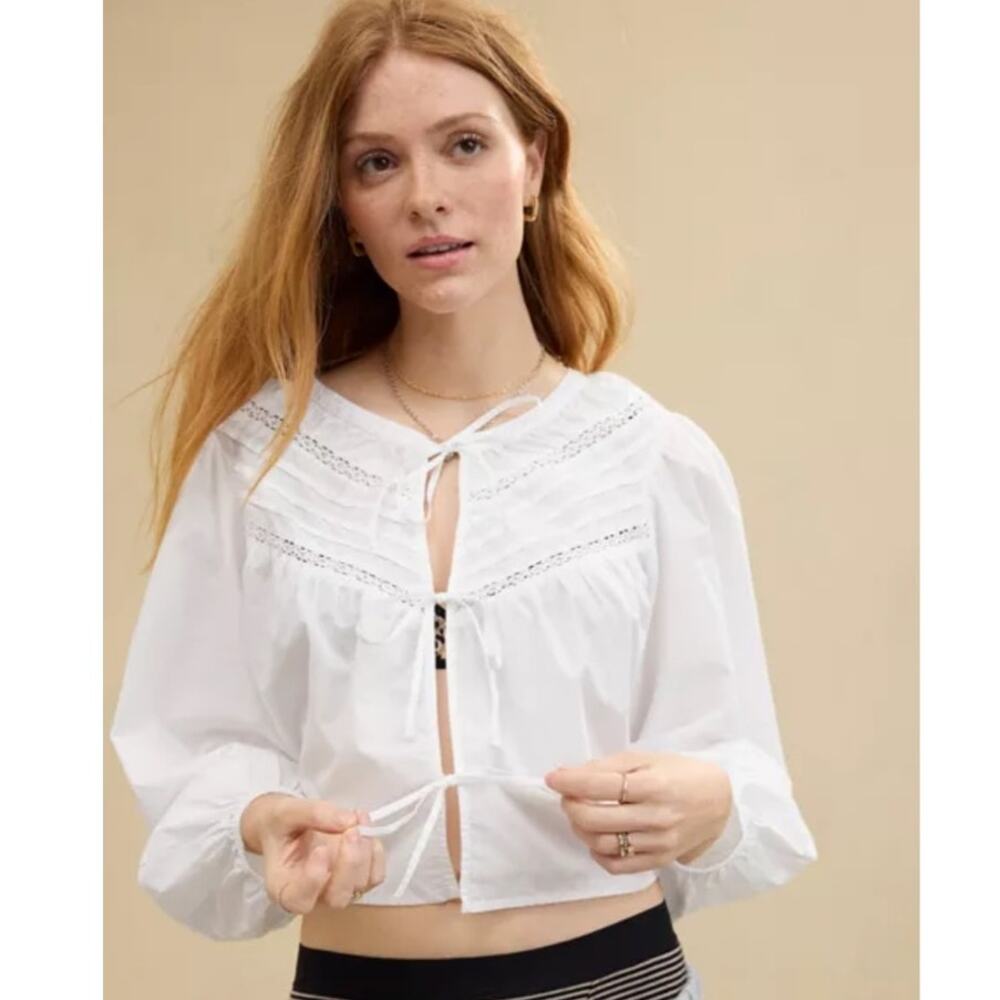 Aerie Long Sleeve White Tie Front Peasant Top Size Large NWT